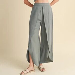 Wishlist Viscose Linen Blend Wide-Leg Wrap Pants – Sage Green Flow Pants, Boho S